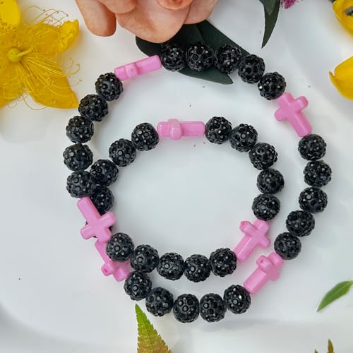 Baseball Bead Cross Necklace for Boys Kids, Elastic Rhinestone Bling Necklace Drip Gifts for Teens Players - color: Pink Cross/Black