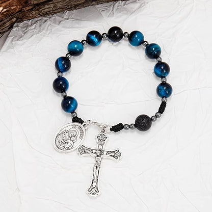 Nazareth Store Tiger Eye Beads One Decade Rosary Handmade Pocket Car Mirror with Saint Joseph Medal and Jesus Cross in Antique Silver Volcanic Stone Travel Friendly Rosary - color: Blue Tiger Eye