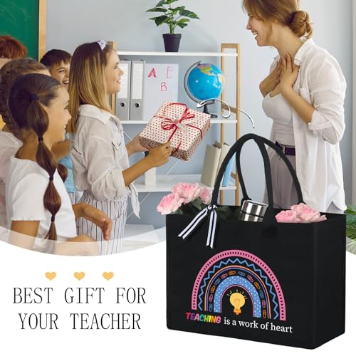 Huhumy 4 Pcs Teacher Appreciation Gifts Tote Bag Canvas Black Tote Best Teacher Ever Gifts Bags for End of Year Graduation(Rainbow) - style: Rainbow