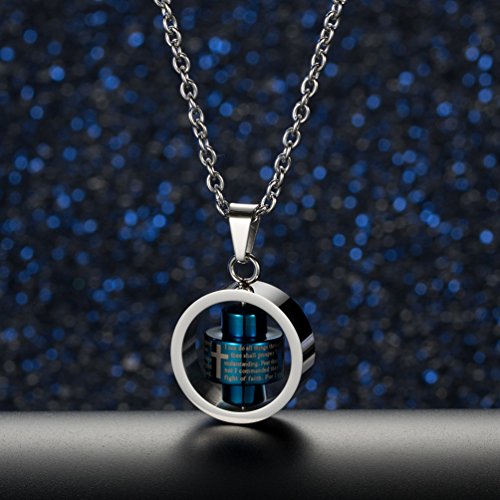 Stainless Steel Bible Verse Christian Lord's Prayer Cross Spinner Charm Pendant Necklace for Men - color: Blue
