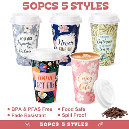 50 Pack 16 oz Disposable Coffee Cups with Lids Flowers - style: Inspirational Flowers