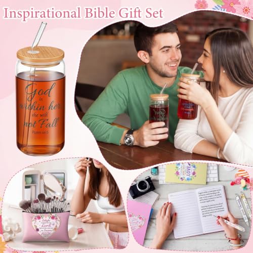 10 Sets 50 Pcs Christian Gift for Women, Church Mothers Day Gift Bulk, 16 oz Bible Verse Glass Cup Motivational Scripture Cosmetic Bag Religious Notepads Pens PVC Bag for Christian Party Favor - style: Christian