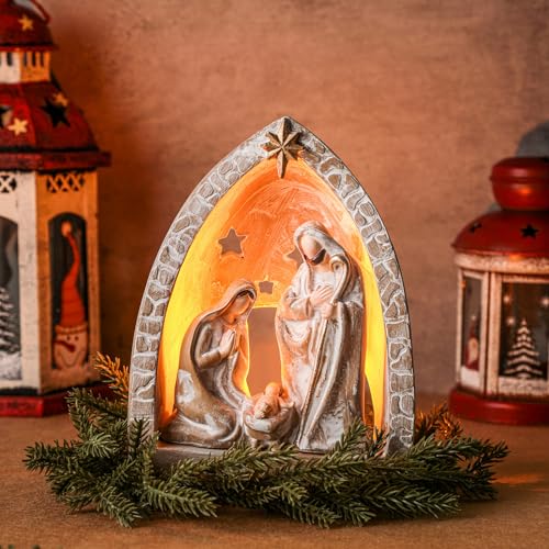 WILLBOND Nativity Sets for Christmas Indoor Holy Family Manger Scene Small Nativity Set with LED Lights Resin Figurine Tealight Candle Holder Tabletop Decor Gift for Holiday(10 x 8.3 x 5.9 Inch) - size: 10 x 8.3 x 5.9 Inch
