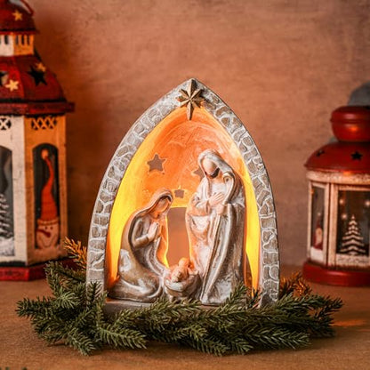 WILLBOND Nativity Sets for Christmas Indoor Holy Family Manger Scene Small Nativity Set with LED Lights Resin Figurine Tealight Candle Holder Tabletop Decor Gift for Holiday(10 x 8.3 x 5.9 Inch) - size: 10 x 8.3 x 5.9 Inch