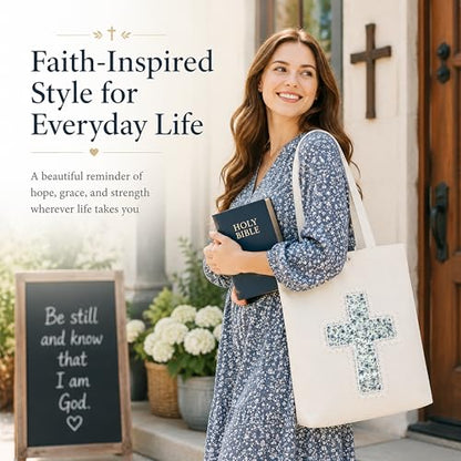 Christian Tote Bag Gift for Women, Canvas Bible Bag Handmade Floral Cross - color: White-blue Sprig