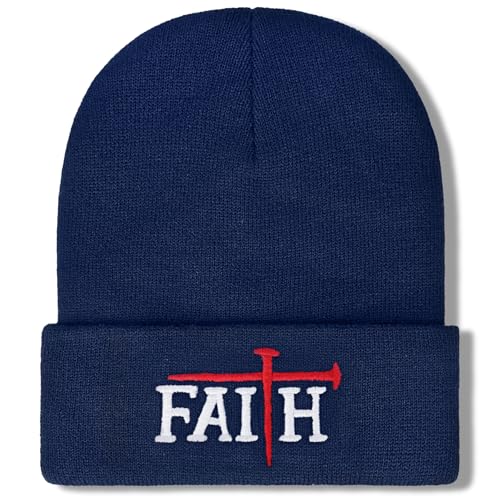 Christian Jesus Cross Beanie - Faith Winter Beanie Hats for Men Women - Religious Gifts for Christmas & New Years - color: Faith-red Cross/Navy Blue