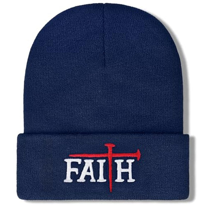 Christian Jesus Cross Beanie - Faith Winter Beanie Hats for Men Women - Religious Gifts for Christmas & New Years - color: Faith-red Cross/Navy Blue