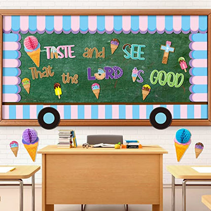CY2SIDE 73PCS Ice Cream Taste and See that the Lord is Good Christian Cut-Outs for Classroom Bulletin Board Jesus Summer Ice Cream Honeycomb Cut-Out Faith Religious Back to School Sunday Trim Border - style: Summer Ice Cream