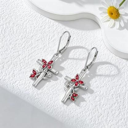 Butterfly Earrings for Women 925 Sterling Silver Birthstone Butterfly Cross Rose Dangle Earrings Elegant Butterfly's Jewelry Gift for Birthday Valentines Day Christmas - color: 7-July