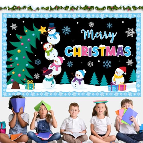 Winter Bulletin Board Decorations Merry Christmas Classroom Bulletin Board Set Snowman Tree Snowflakes Paper Cutouts for Winter Christmas Classroom Holiday School Office Home Wall Party Decor Supplies - style: Christmas Snowman