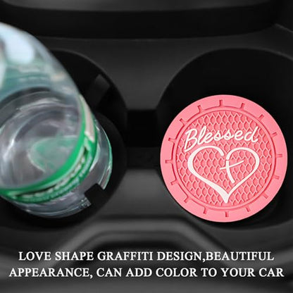 KVAEY 2 PCS Car Cup Holder Coasters, 2.76 Inch Anti Slip Vehicle Drink Mats with Cute Blessed Cross and Heart, Shockproof, Universal Car Accessories (Pink, 4 PCS) - color: Pink, size: 4 PCS