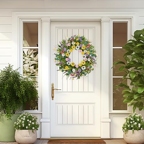 Spring Wreath 22 Inch Artificial Summer Wreath with Yellow Daisy Flowers Green Eucalyptus Leaves Lavender Spring Wreaths for Front Door Home Farmhouse Porch Wall Easter Festival - color: Multicolor
