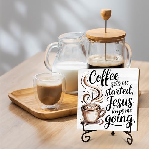 Coffee Gets Me Started Jesus Keeps Me Going Cross and Cup Wooden Sign Decor, Rustic Wooden Plaque Sign With Iron Stand, Christian Home Office Bar Desk Shelf Decorations - style: Coffee-A