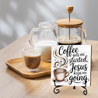 Coffee Gets Me Started Jesus Keeps Me Going Cross and Cup Wooden Sign Decor, Rustic Wooden Plaque Sign With Iron Stand, Christian Home Office Bar Desk Shelf Decorations - style: Coffee-A