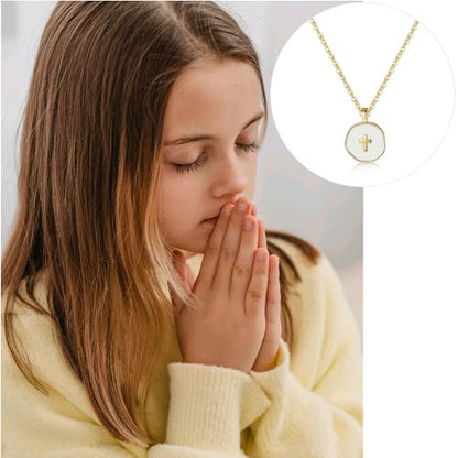 Cute Small Cross Necklace for Teen Girls - color: White First Communion Gifts