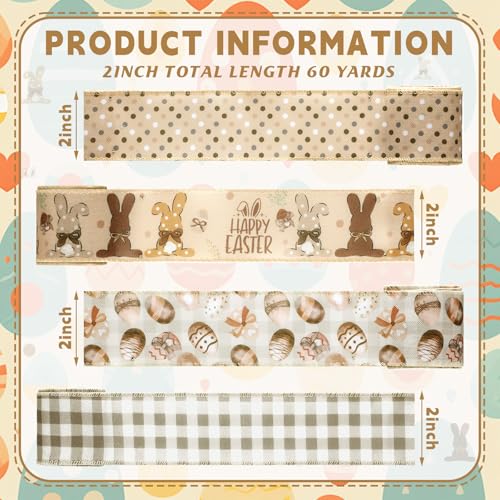 12 Rolls Easter Bunny Wired Edge Ribbon for Wreaths 2 Inch x 60 Yards Happy Easter Floral Bunny Print Grosgrain Ribbon for Bow Gift Bow Crafts Party Supplies 12 Styles - style: Brown Easter