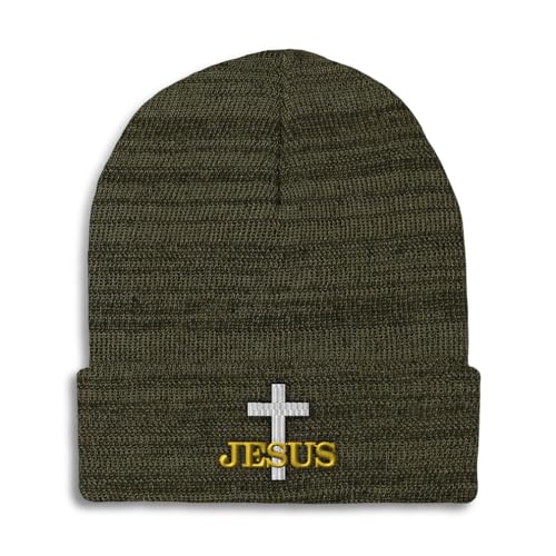 Custom Beanies for Men Christian Cross Jesus Faith Jesus Christ Skull Cap Winter Hats for Women One Size - color: Heather Olive Green Design Only