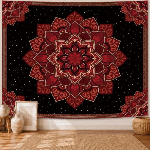 Apdidl Boho Mandala Tapestry for Bedroom, Black and Red Hippie Floral Ceiling Wall Hanging Art Aesthetic, Bohemian Indian Vintage Flower Poster Tapestries for Living Room Dorm Decor 51" X 60" - color: H-Red Mandala Tapestry, size: 60"L x 51"W