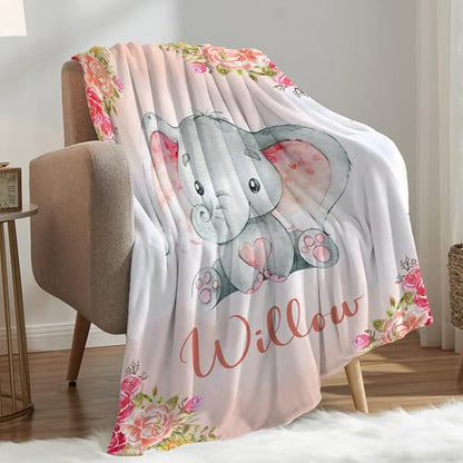 Personalized Baby Elephant Blanket for Girls with Name - color: Orange Elephant