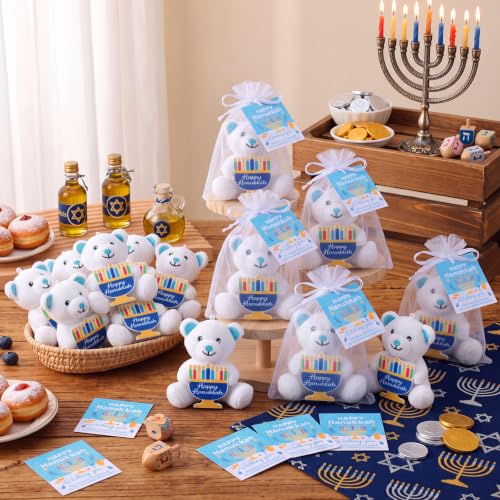 Silipull 12 Pcs Hanukkah Plush Bear Gifts Hold Menorah Hanukkah Stuffed Toy Party Supplies Decorations 4.1" for Young Kid's Family Reunions Party Favor Gift Box Stuffers - style: Hanukkah