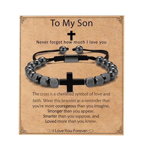 Cross Bracelet for Boys Teens, Adjustable Obsidian Beads Bracelets Christian Religious Jewelry Gifts for Teen Teenage Boys - style: To My Son