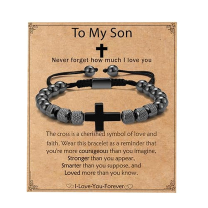 Cross Bracelet for Boys Teens, Adjustable Obsidian Beads Bracelets Christian Religious Jewelry Gifts for Teen Teenage Boys - style: To My Son