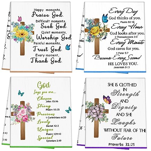 Rtteri 4 Pcs Christian Kitchen Dish Towels Hymn Tea Towels with Scripture Bible Verse Prayers Religious Gifts for Church Women Mom Grandma Christmas Housewarming Decor