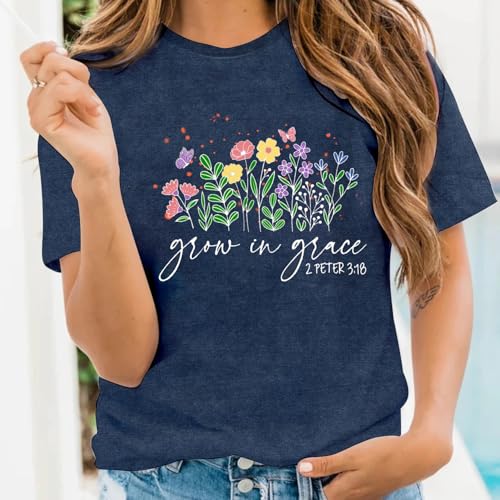LBP Womens Christian Wildflowers Shirts Grow in Grace Shirt Bible Verse Faith-Based Tee Tops - color: Blue, size: Medium