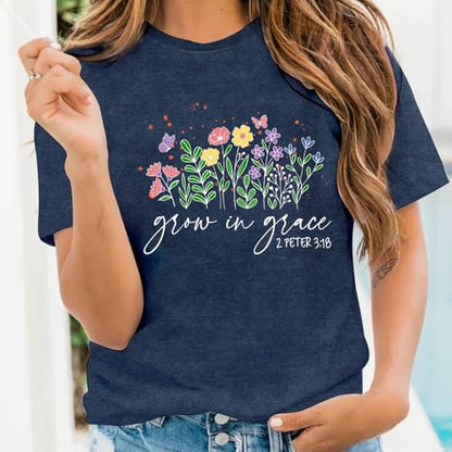 LBP Womens Christian Wildflowers Shirts Grow in Grace Shirt Bible Verse Faith-Based Tee Tops - color: Blue, size: Medium