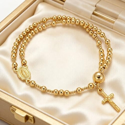 Cross Rosary Bracelet for Women Handcrafted Crystal Virgin Mary Cross Beaded Bracelets Christian Faith Link Bracelets Crucifix Religious Christian Faith Jewelry - color: Gold