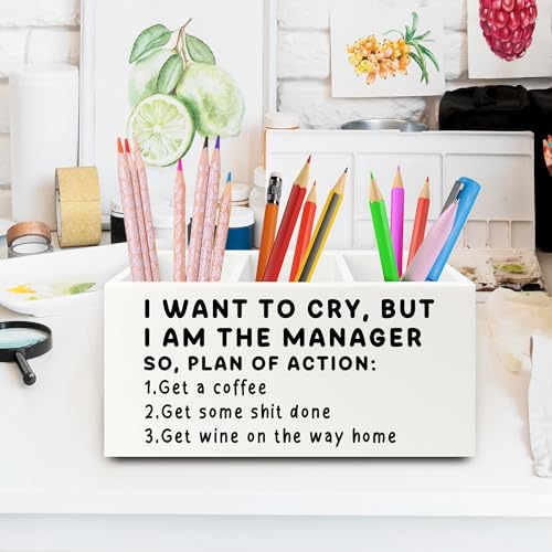 Funny Pen Office Pencil Holder Organizer for Desk, Manager Gifts for Women Men, Funny Coworker Gifts Wooden Box Sign for Home Office Desk Tabletop Decorations - color: colour32