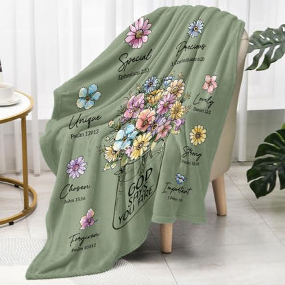Christian Gifts for Women, Christian Birthday Blanket with Flowers - color: Sage Green, size: 80"x60"