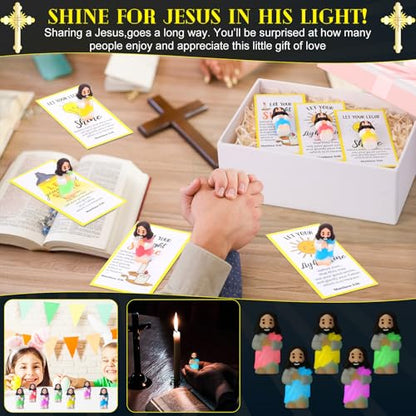 CroBlissful 30 Sets Mini Jesus Figurines Bulk Christian Glow in The Dark with Let Your Light Shine Cards for Christian Sunday School Religious Party Favor Halloween(Hands Together) - style: Hands Together