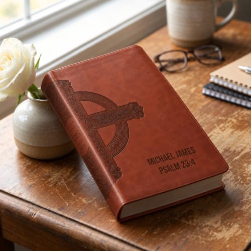 Printualist Personalized NLT Thinline Bible, Custom Engraved Name and Scripture Reference, New Living Translation Text, Celtic Cross Faux Leather Christian Gift for Daily Use, Brown Celtic Cross - color: Brown