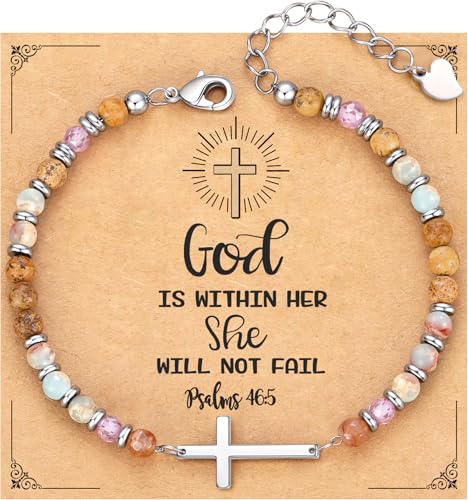 Cross Bracelet for Women, Christian Gifts for Women 2026 Stocking Stuffers for Teens Her Bead Bracelet Adjustable Gemstone Faith Religious Confirmation Communion Bracelet for Best Friend Mom Faith Birthday Anniversary Jewelry - color: Colorful-God is with