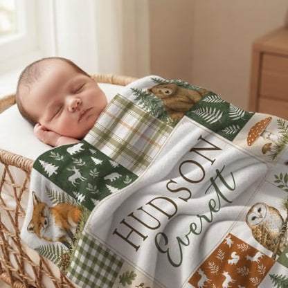 Personalized Woodland Baby Blanket, Custom Forest Animal Baby Blanket - color: Green #11