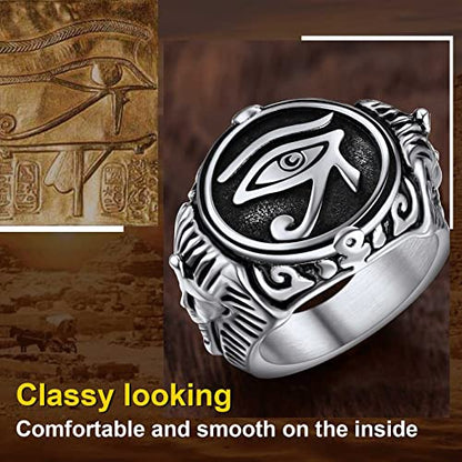 ChainsProMax Can Engrave Men Ancient Egyptian Eye of Ra Ankh Cross Ring, Size #7-#14, Stainless Steel/Gold Plated/Black (Send Gift Box) - color: Engrave-Eye of Ra-stainless