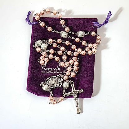 Nazareth Store Pearl Beads Rosary White Our Father Beaded Necklace Lourdes Medal & Cross Crucifix Spiritual Devotion - color: Pink
