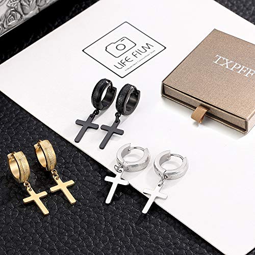 Men Women Stainless Steel Cross Earrings Set Dangle Hinged Earrings of Dangle Hinged Earrings Cross hoop Earrings - color: 3 Pairs Cross Earrings (Black+Silver+Gold) Scrub Small