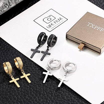 Men Women Stainless Steel Cross Earrings Set Dangle Hinged Earrings of Dangle Hinged Earrings Cross hoop Earrings - color: 3 Pairs Cross Earrings (Black+Silver+Gold) Scrub Small