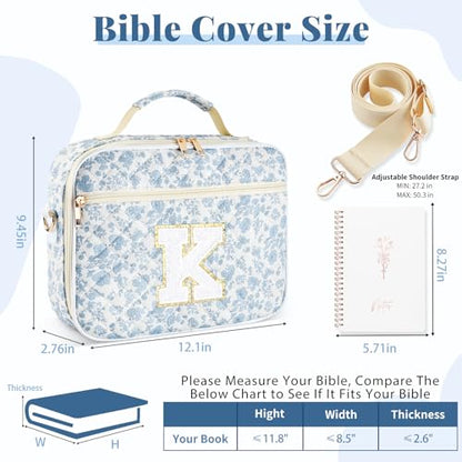 Personalized Initial Bible Cover Case for Women Bible Bag w/Study Supplies - color: Blue Flower, size: K