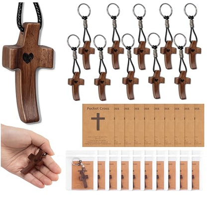 10pcs Pocket Wooden Cross Fidget: Small Wood Crosses Keychain in Bulk with Organza Bags Prayer Card - Stress Relief Cross My Heart for Christian Religious Easter Day Gifts