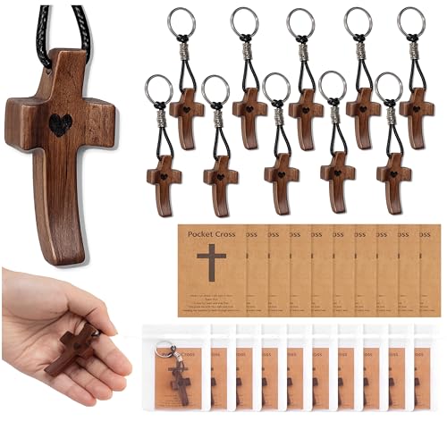 10pcs Pocket Wooden Cross Fidget: Small Wood Crosses Keychain in Bulk with Organza Bags Prayer Card - Stress Relief Cross My Heart for Christian Religious Easter Day Gifts