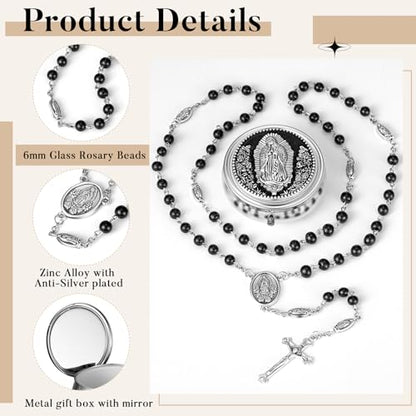 Jadive 12 Sets Catholic Rosary Necklace 6mm Glass Pearl Beaded - color: Black