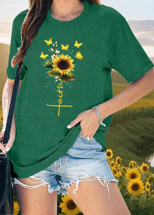 Womens Christian Shirts Faith Cross Sunflower Butterfly T-Shirt Bible Verse Religious Tee Tops - color: Green, size: X-Large