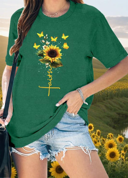 Womens Christian Shirts Faith Cross Sunflower Butterfly T-Shirt Bible Verse Religious Tee Tops - color: Green, size: X-Large