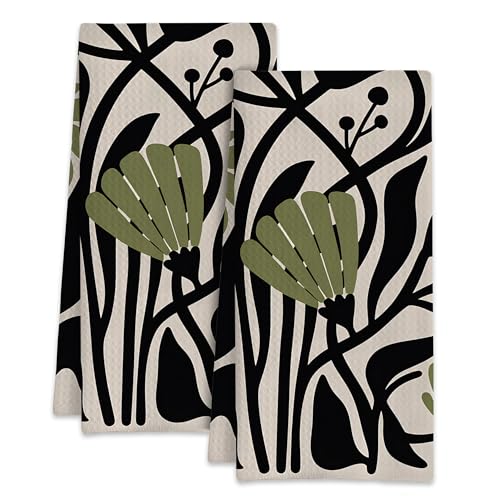Abstract Green Flower Kitchen Towels Set of 2,Groovy 60s 70s Style Bathroom Hand Towels 16x24 Inch Absorbent Tea Washcloths for Cleaning Spring Bathroom Decor Kitchen Accessories Gifts - color: Abstract Green Flower Groovy 60s 70s Style
