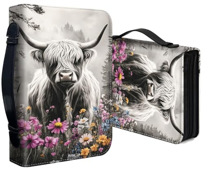 Bible Cover for Women Large PU Leather Zippered Bible Case with Handle and Flower Highland Cattle Design, Christian Bible Cover for Girls & Women, Cover Fits Standard 9.5"x7.5"x2.3" Bible - color: Flower Highland Cattle