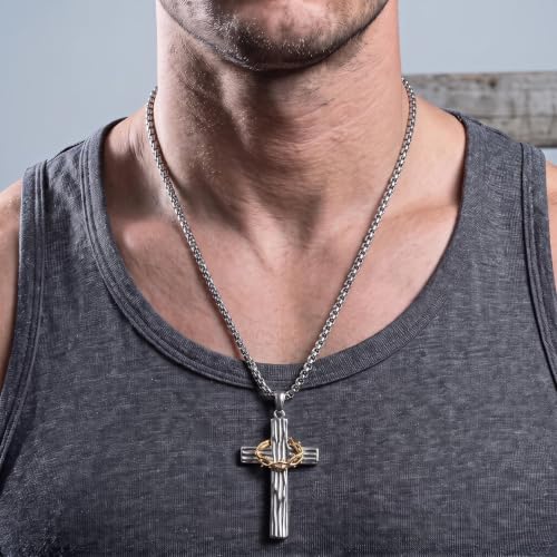 MOOSKI Cross Necklace for Men 316L Stainless Steel Crucifix Jesus 24" Chain - color: Silver-gold