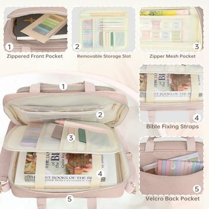 Bible Cover Case for Women Bible Study Supplies Christian Gifts for Women Church Camp Essentials Christian Bible Journaling Kit Quilted Large Bible Cover with Durable Handle (Pink, Large) - color: Pink